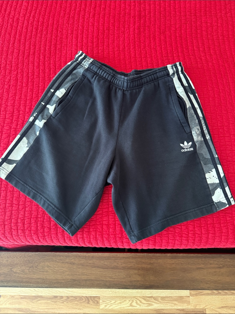 adidas Black Athletic Shorts with Gray Camo Side Stripes